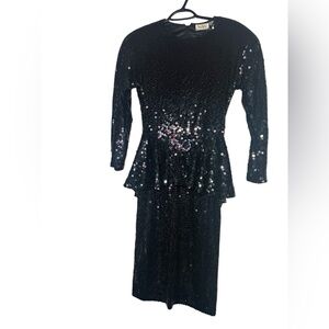 Vtg 80s Oleg Cassini Blk Sequin Peplum Dress sz 4
